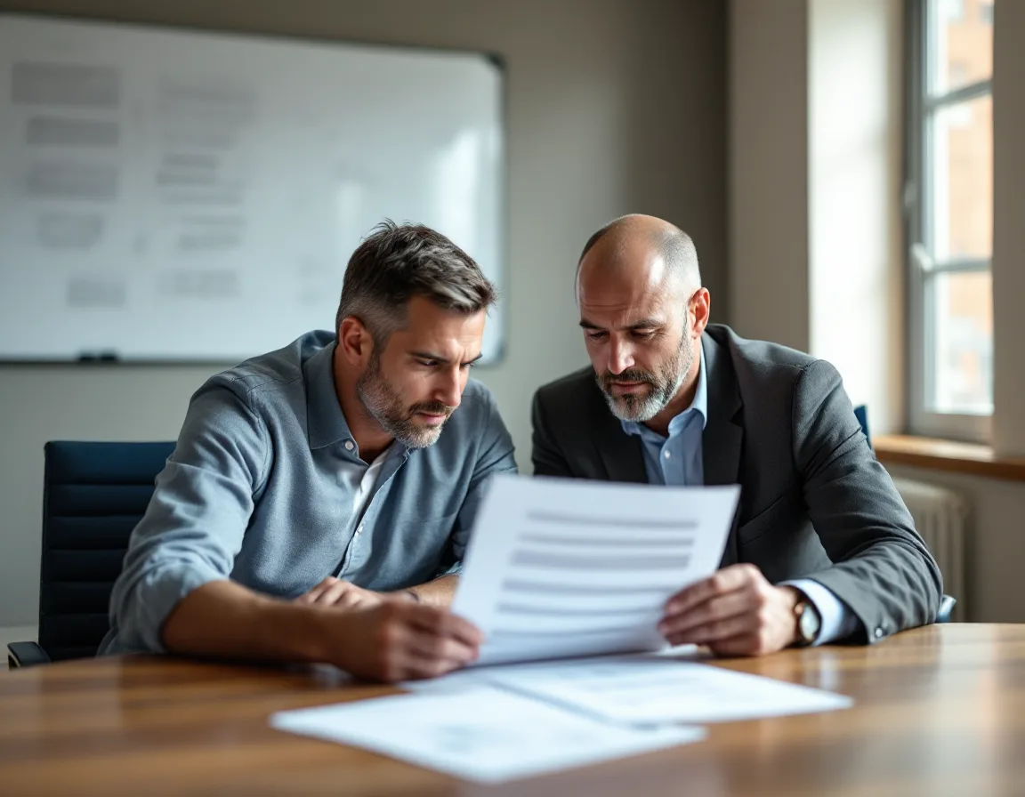 Two Texas business leaders reviewing a one page AI acceptable use policy together before approving the first licences