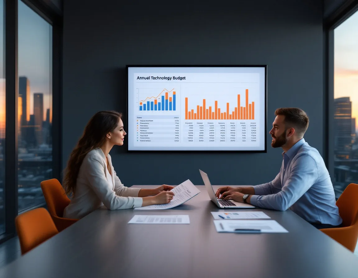 Two logistics company executives reviewing an annual technology budget on a wall display with a Texas skyline behind them