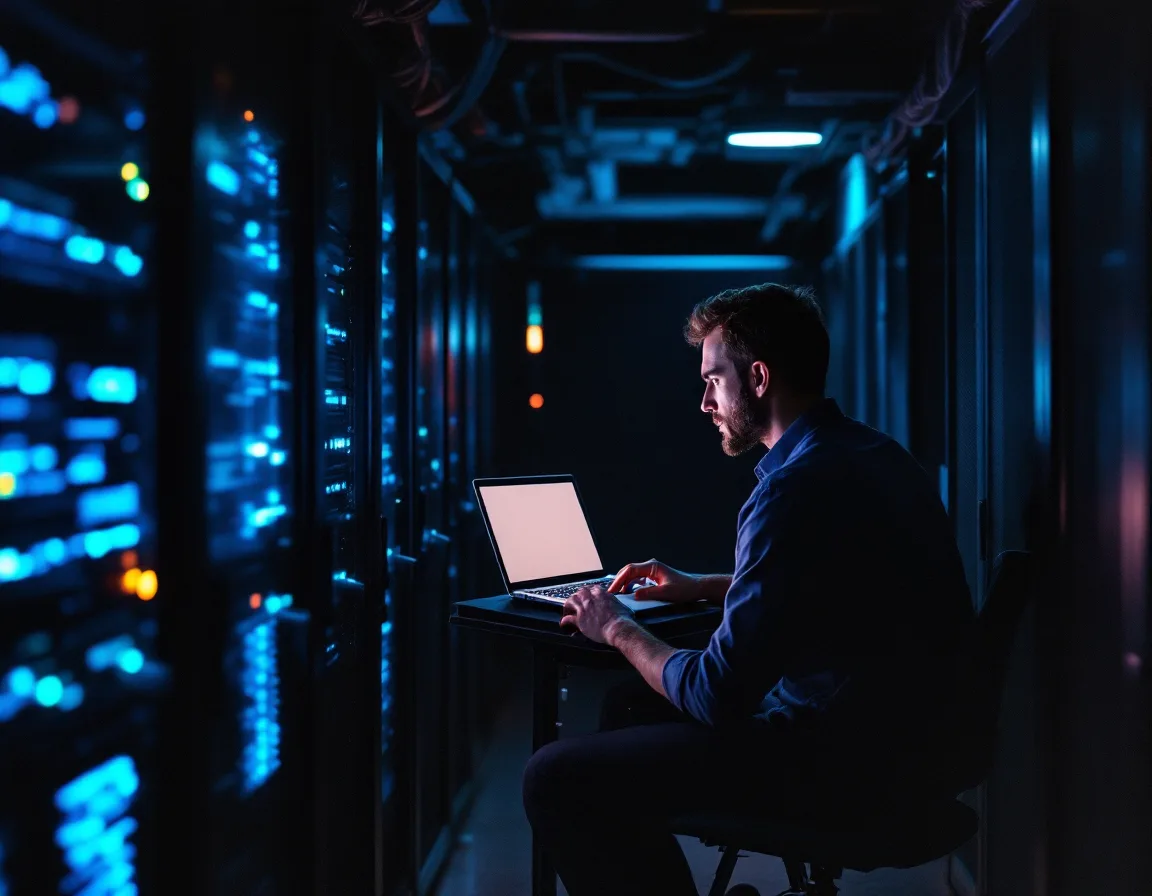 A lone systems administrator working a laptop in a small business server room after hours with only rack lights for illumination
