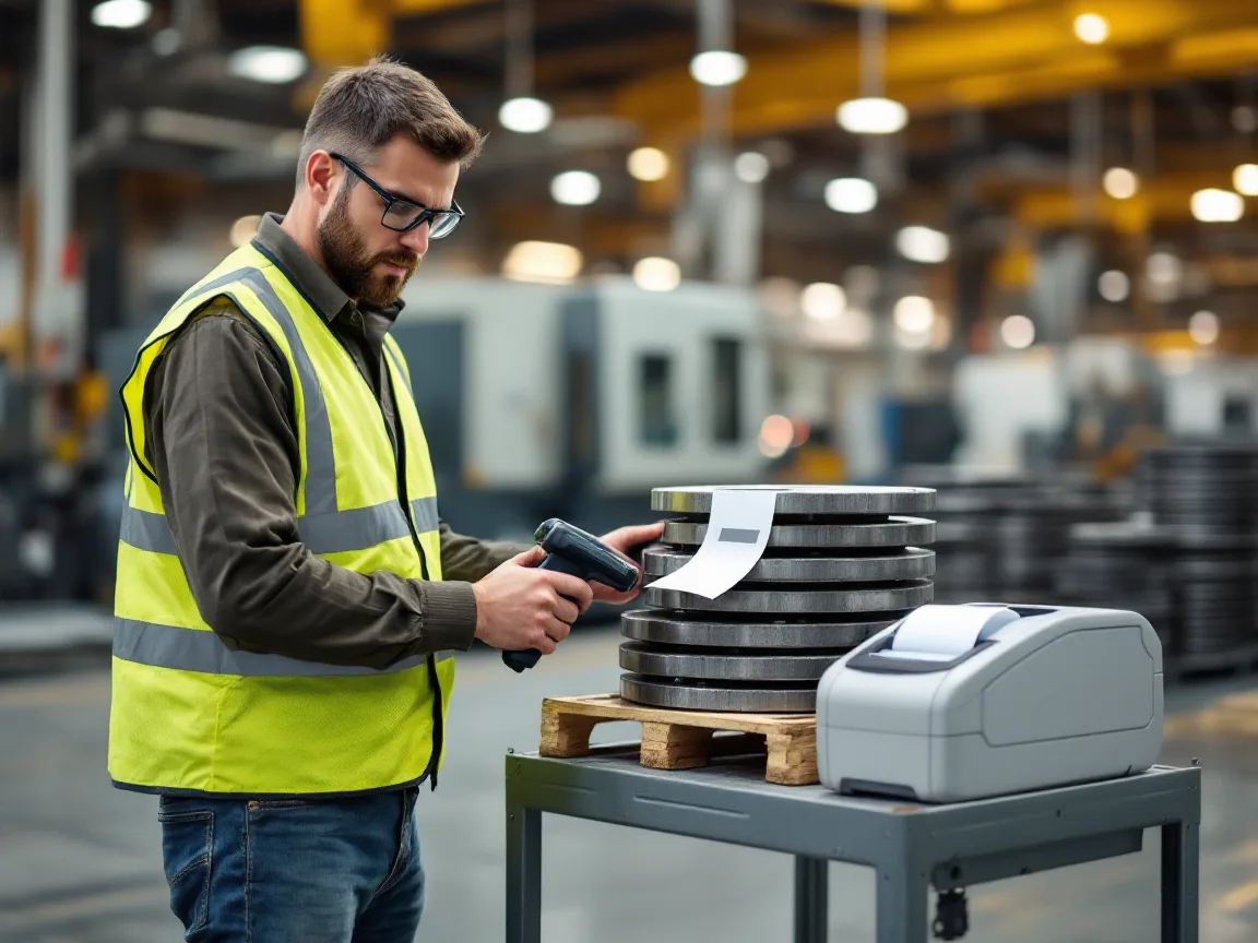 A machine shop worker in a hi-vis vest scanning the label on a pallet of machined steel flanges with a handheld barcode scanner, a thermal label printer on the cart beside him