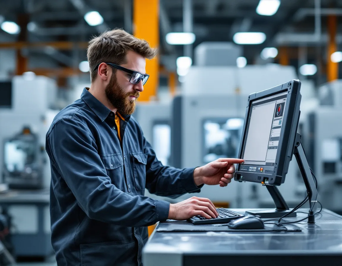 Machinist in safety glasses entering a finished part at a shared shop floor computer kiosk beside CNC machines