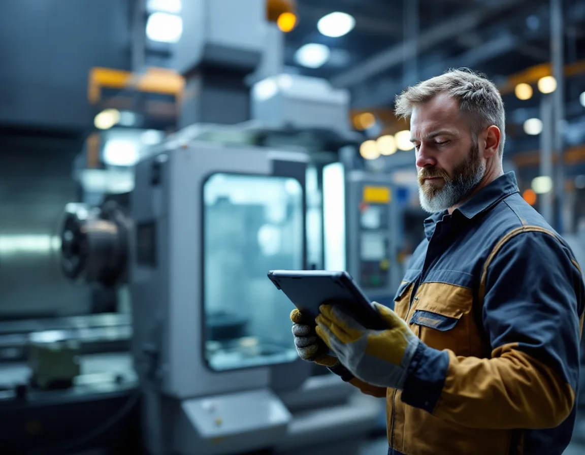 Maintenance technician in work gloves checking a rugged tablet beside a CNC machining center on a plant floor