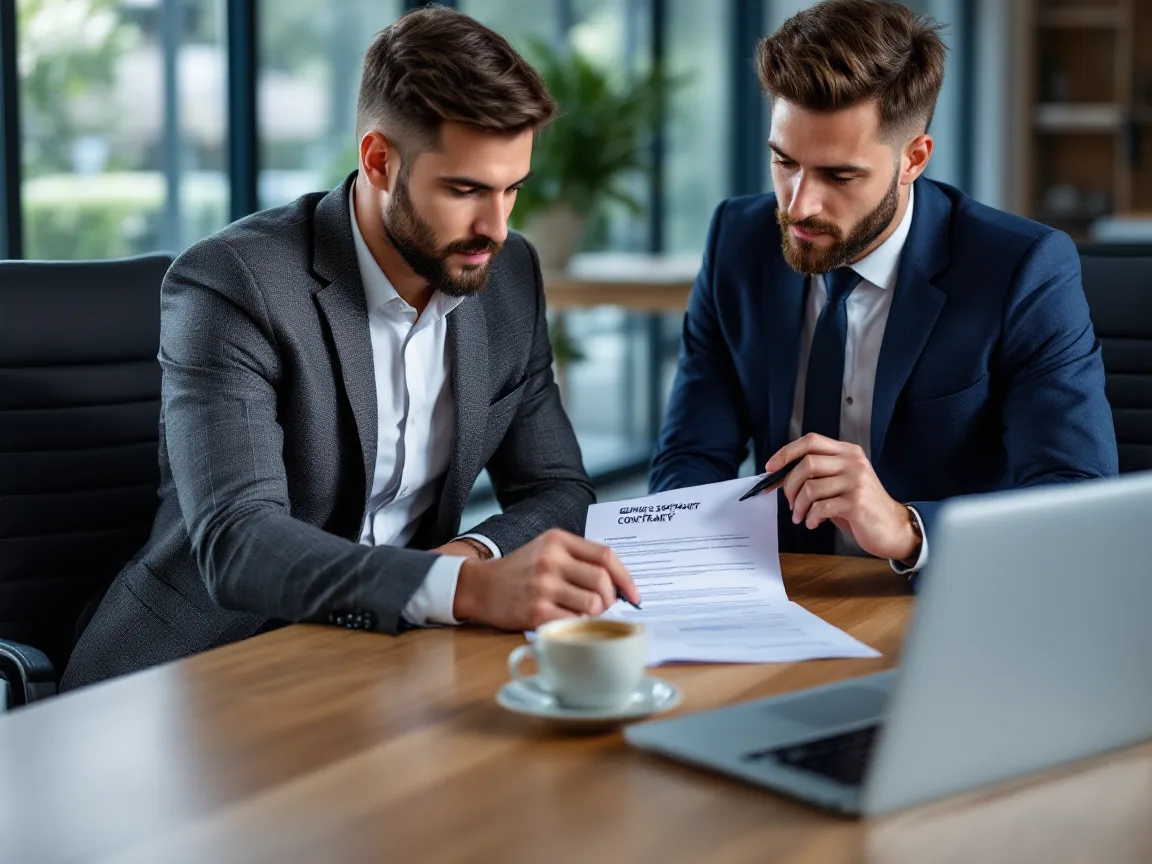 Two executives reviewing a managed IT services contract clause before signing