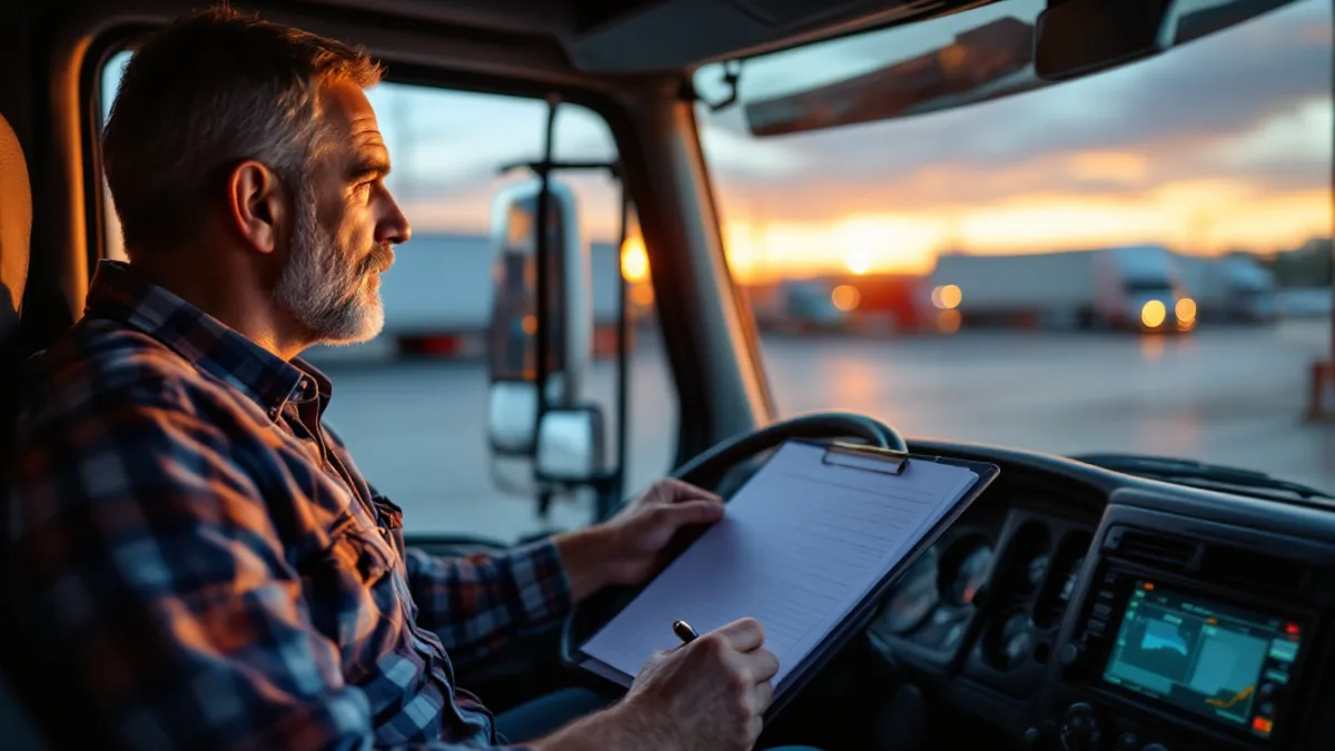 Truck driver filling in a blank paper logbook on a clipboard in the cab of a semi at a Texas truck stop at dusk