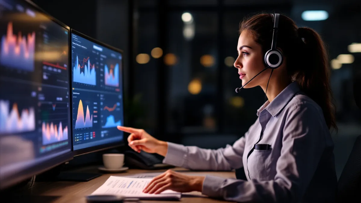 Freight dispatcher wearing a headset working a night shift at a two monitor desk with a printed load sheet in front of her