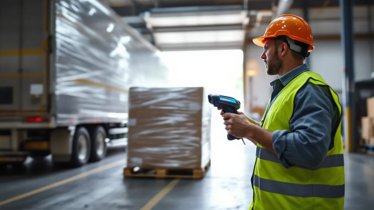 Warehouse worker in a safety vest scanning a wrapped pallet with a handheld barcode scanner beside a trailer at an open loading dock