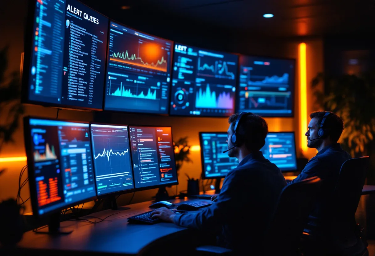 Two security analysts working overnight in a managed IT network operations center facing a wall of monitors showing alert queues and device health grids