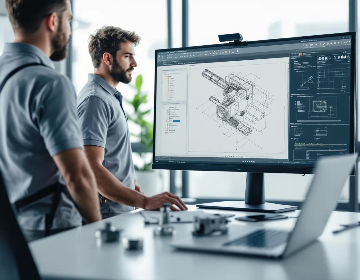 Two engineers at a small aerospace subcontractor near Clear Lake Texas reviewing a CAD assembly drawing of machined flight hardware