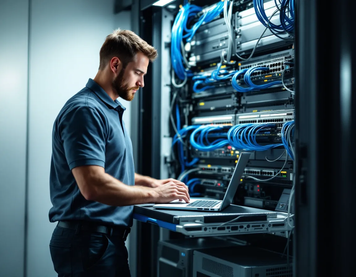 IT engineer working on switches and patch panels in the network closet of a medical office building in Webster Texas