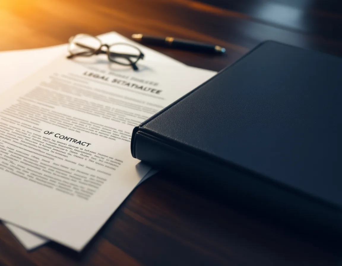 A client contract and a Texas statute binder open side by side on a conference table with a pen mid-annotation