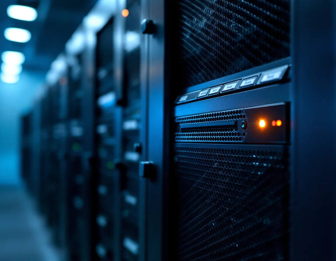 A secured server rack beside labelled personnel file drawers in a small staffing agency IT closet