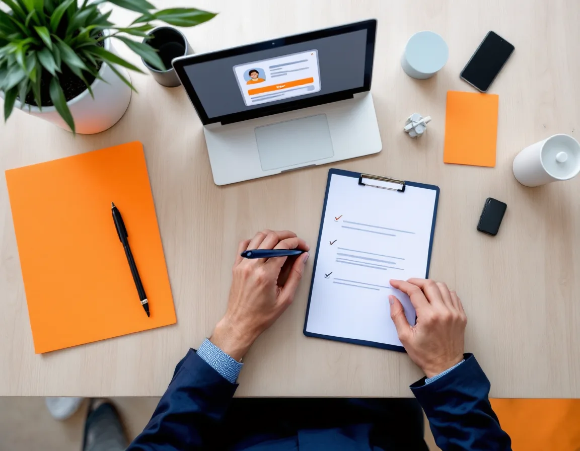 A recruiter desk with an identity document beside a laptop running a candidate verification check