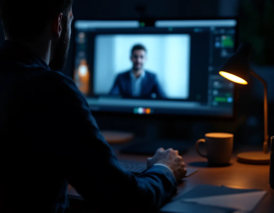 A recruiter reviewing an anonymous remote video interview on a laptop in a dim office at night