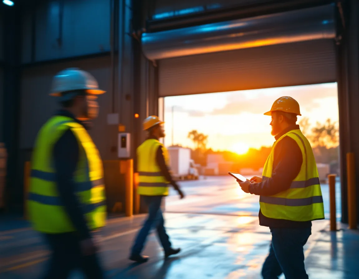 Workers in high-visibility vests passing a badge reader at a warehouse shift change at dawn