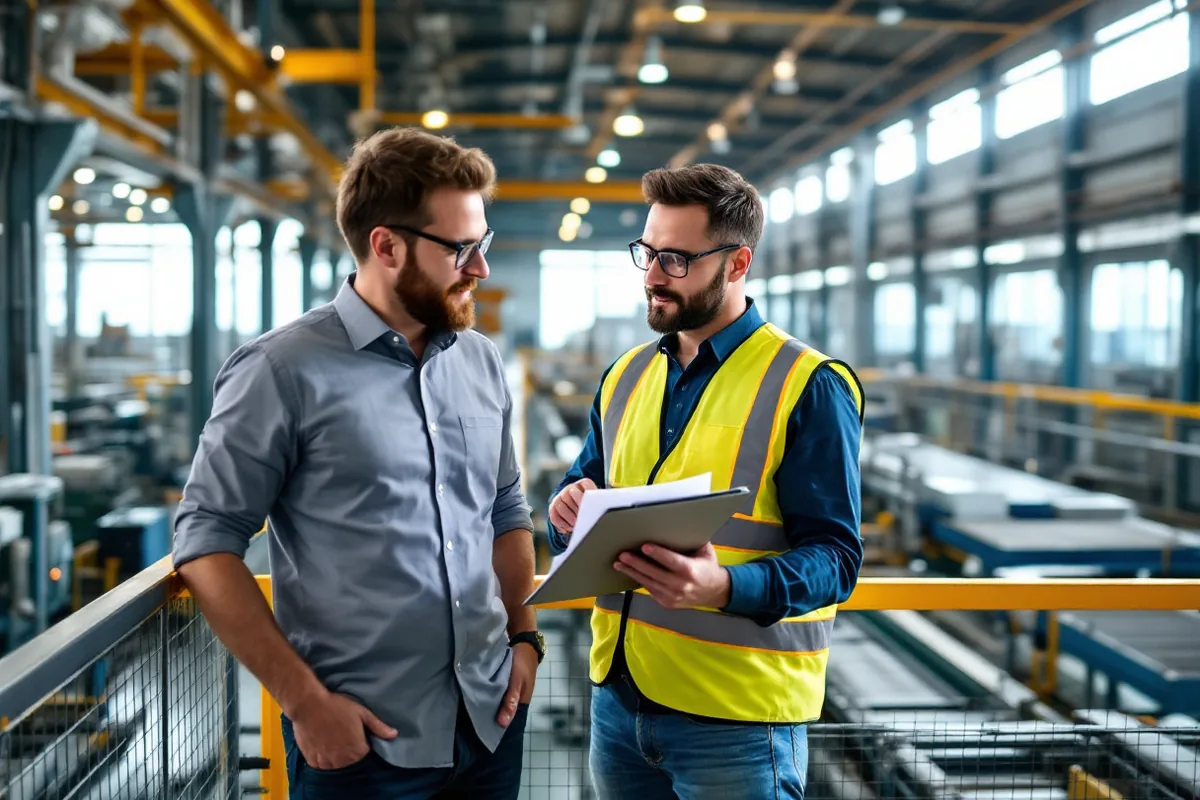 Uprite security consultant and a plant operations manager reviewing a written security assessment on a mezzanine above a running Fort Worth production floor