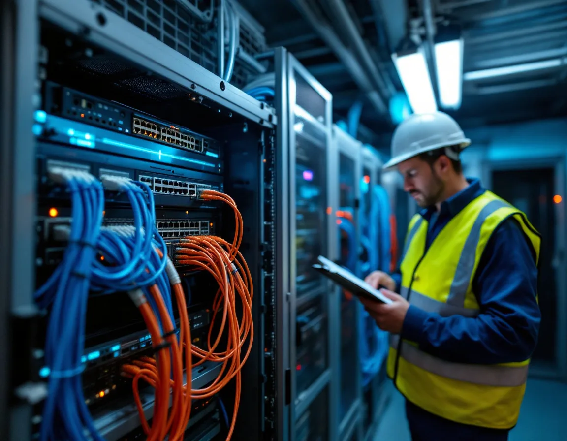 Marine terminal network cabinet with separated blue and orange cable bundles running to different patch panels while a technician documents the layout