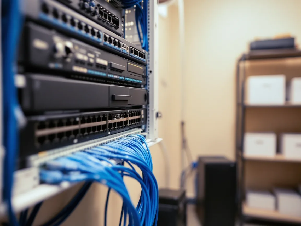 Network switches in a small equipment rack with bundled blue patch cables, set up in a medical clinic supply room with shelves of boxes behind it
