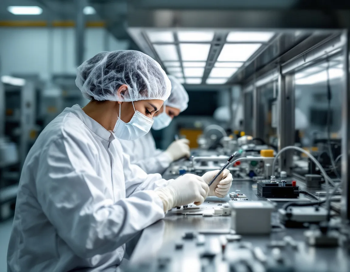 Technicians in cleanroom gowns assembling precision medical device components at a stainless steel bench