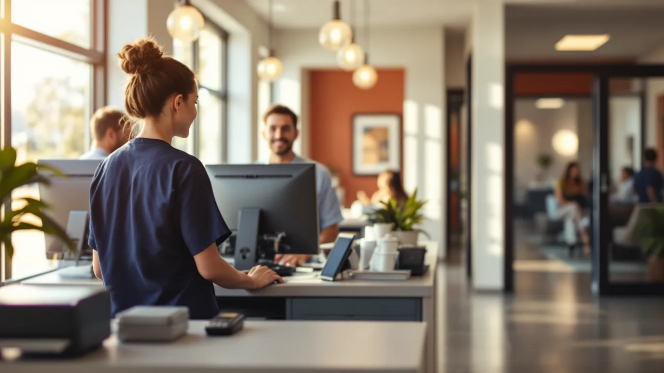 Practice manager in navy scrubs working at the front desk computer of a small suburban medical practice while patients wait in the lobby behind her