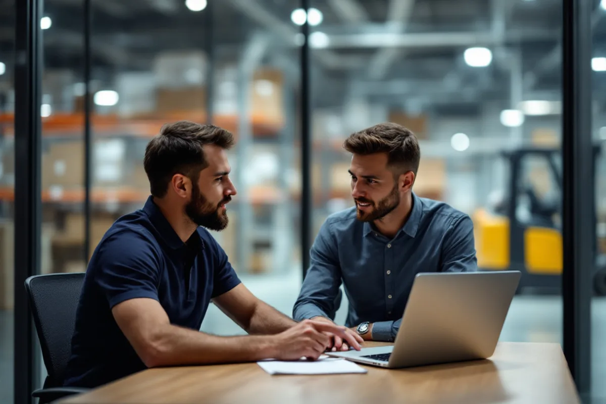 Operations manager and Uprite consultant reviewing a Microsoft 365 frontline licensing model in a Fort Worth warehouse office