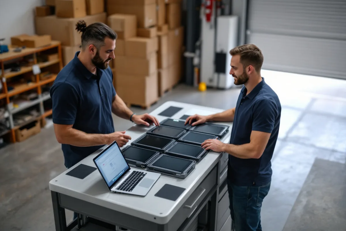 Uprite engineers staging rugged shared tablets for Microsoft Entra ID shared device mode at a Fort Worth distribution facility