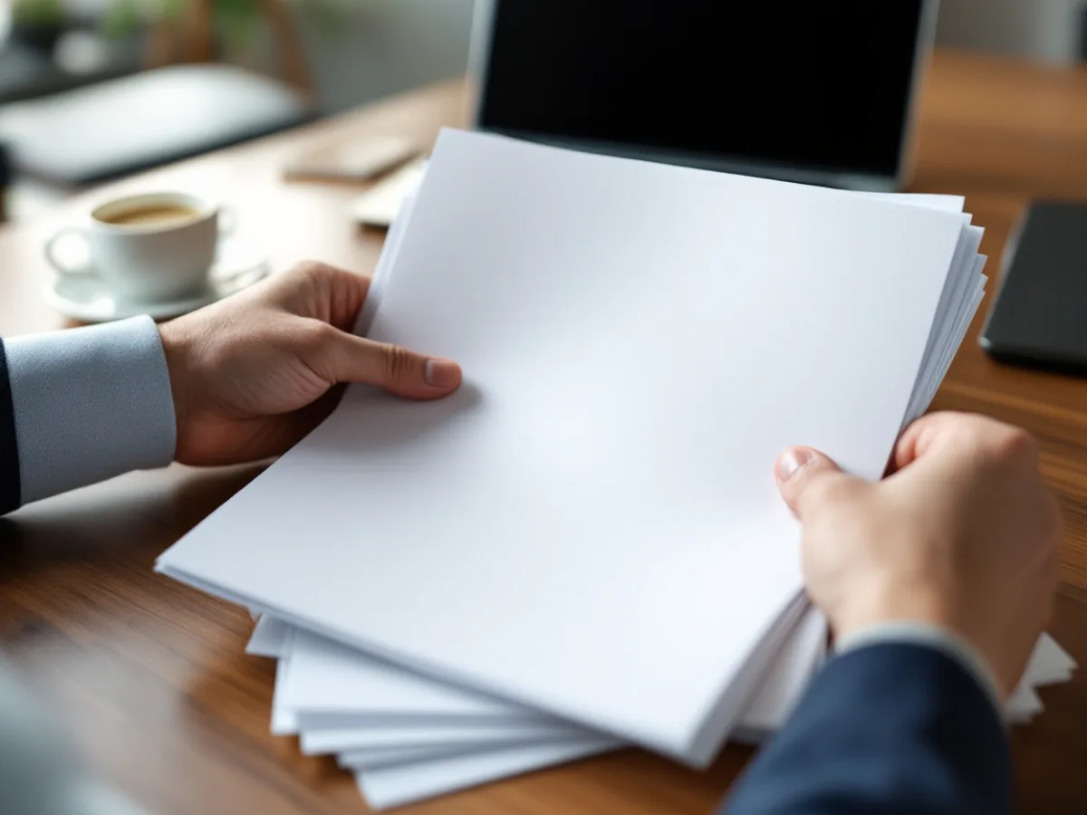 Business owner flipping through a stack of managed services agreement documents at a desk