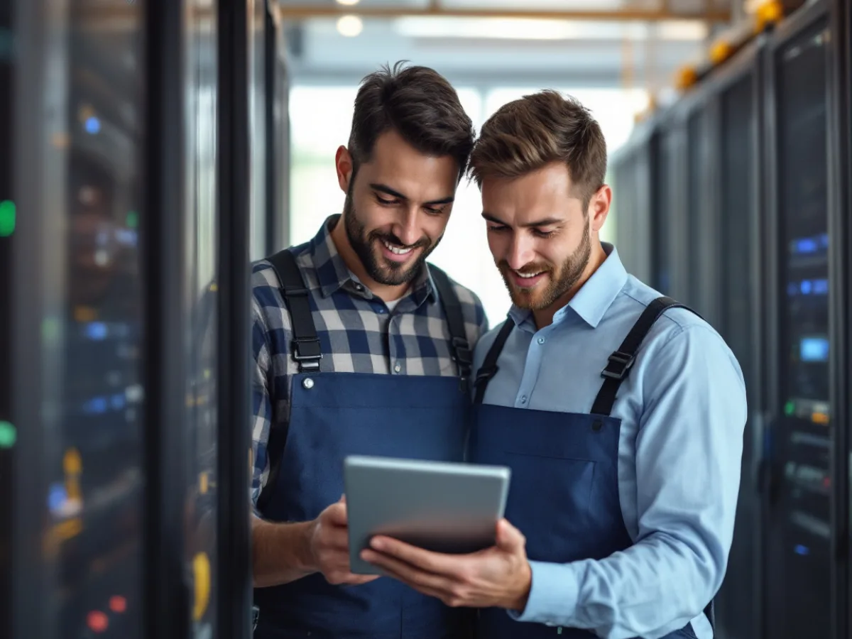 Two IT technicians in a server room reviewing a client responsibility checklist on a tablet