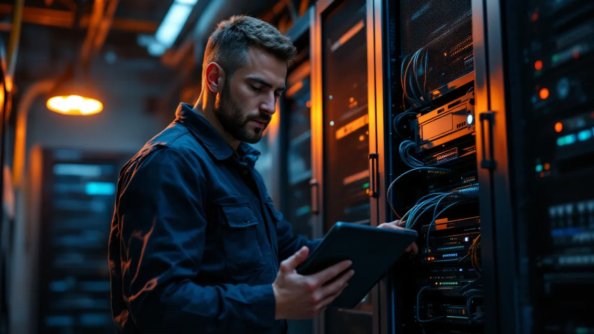 Senior IT engineer working an after-hours critical incident at a network rack with a tablet in hand