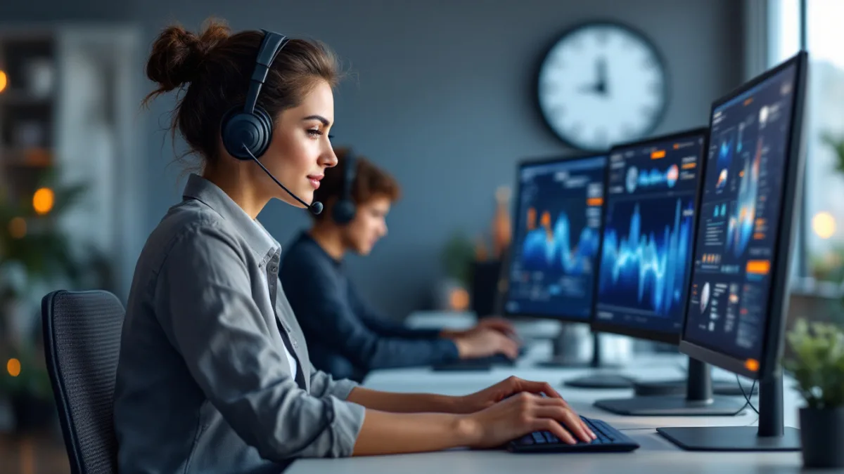 Help desk technician with a headset answering a support ticket at a dual-monitor desk with a wall clock behind her