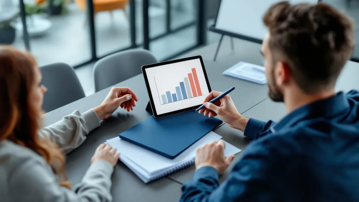 Two colleagues at a conference table comparing an SLA hit rate bar chart on a tablet with a service agreement folder