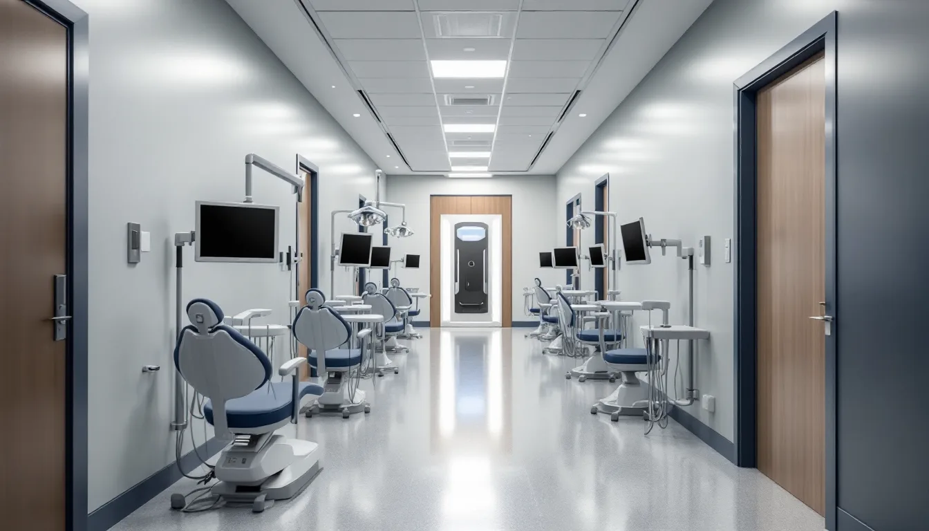 Corridor of a multi operatory dental clinic with a chairside monitor mounted in each treatment bay