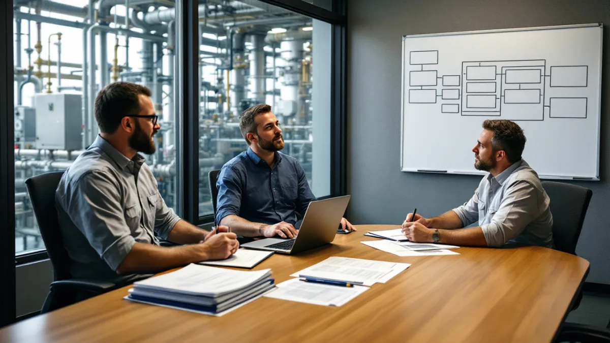 Plant manager, IT lead and controls vendor running a tabletop incident response exercise in a gas plant conference room