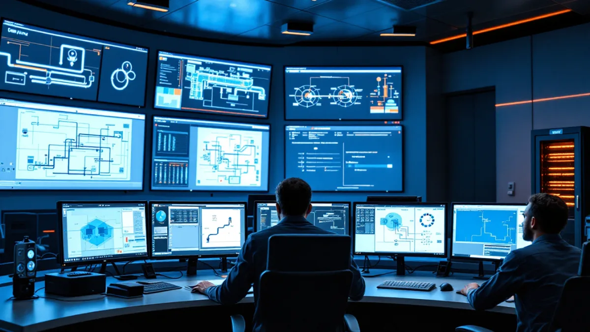 Operators monitoring pipeline schematics and network activity in a Texas midstream control room