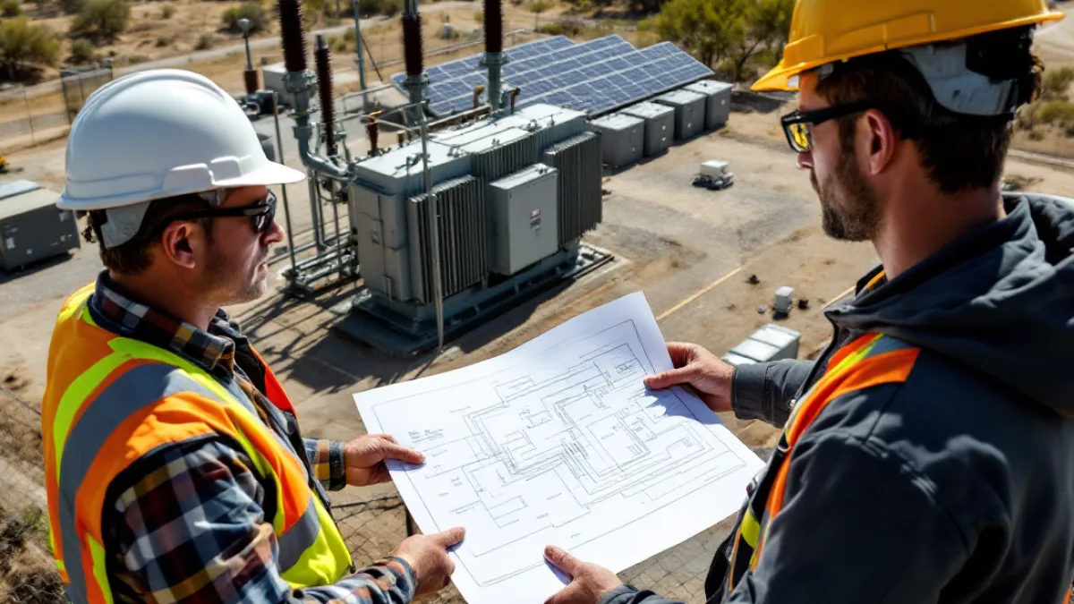 Two engineers reviewing an electrical one-line diagram beside a step-up transformer, solar array and battery storage at an oilfield site