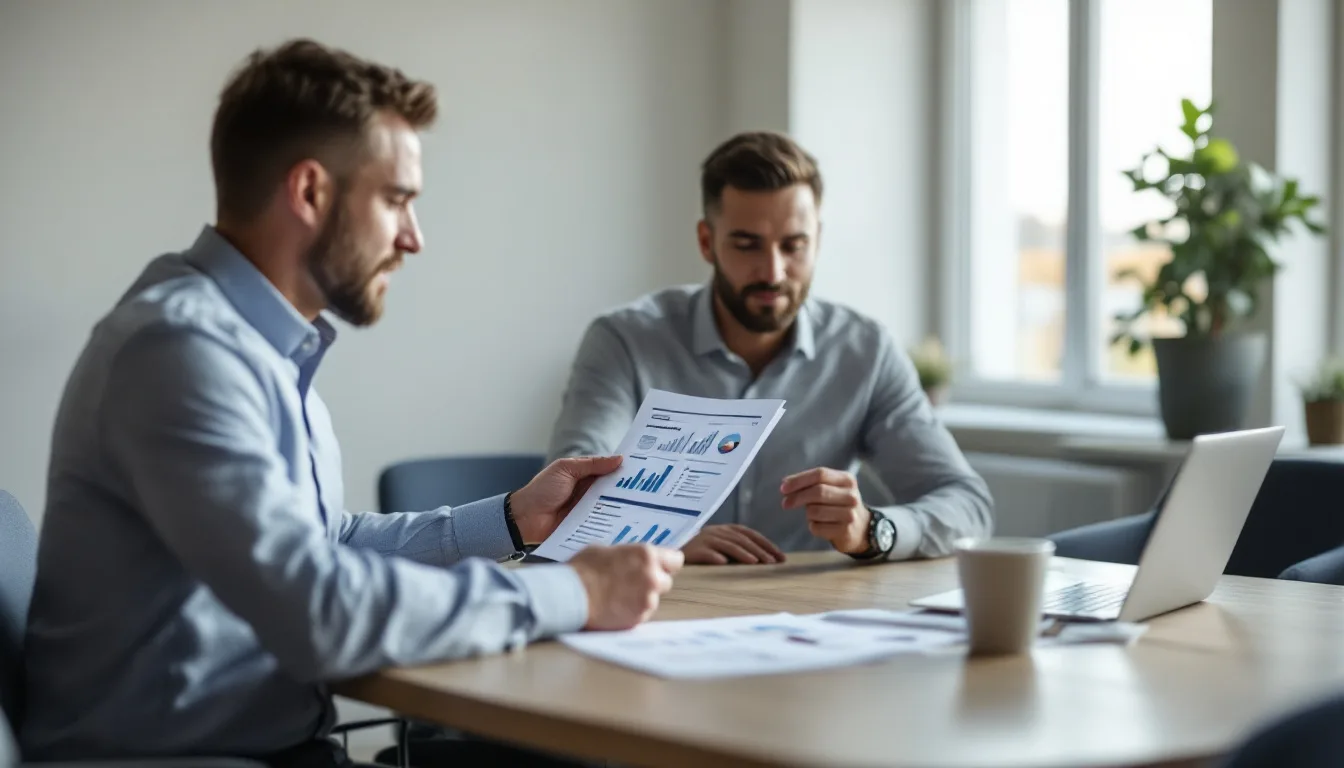 IT consultant walking a Texas business owner through the ranked findings list in a printed network assessment report