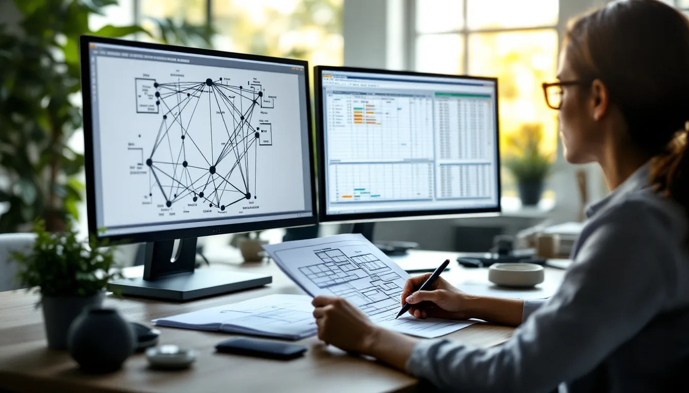 Network architect comparing a discovered network topology map against an annotated floor plan
