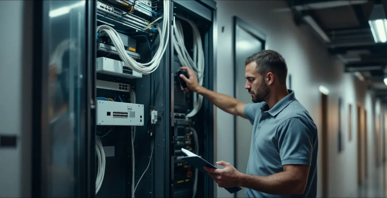 Technician photographing a wiring closet and recording firmware versions during a network assessment site walk