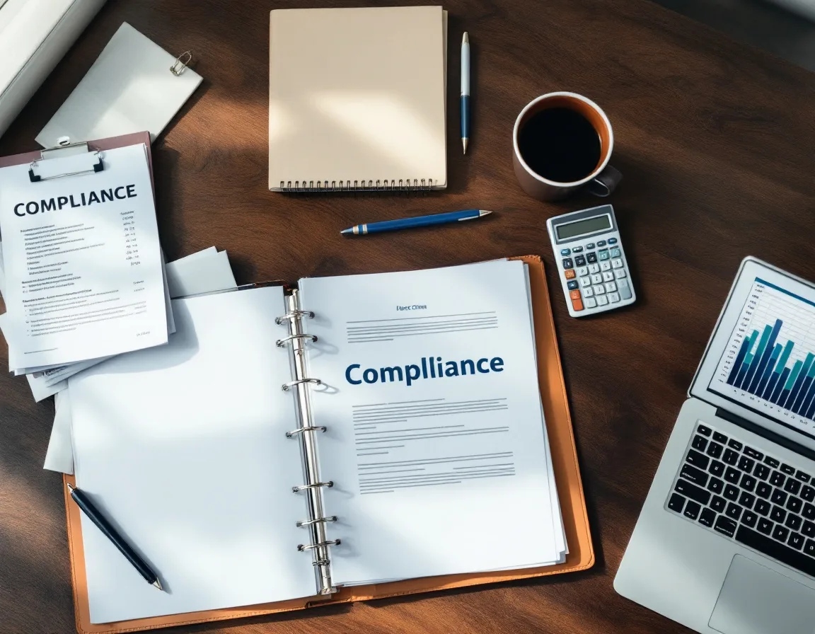 Overhead view of a compliance binder, printed policy documents and a laptop showing a first-year IT budget spreadsheet on a conference table
