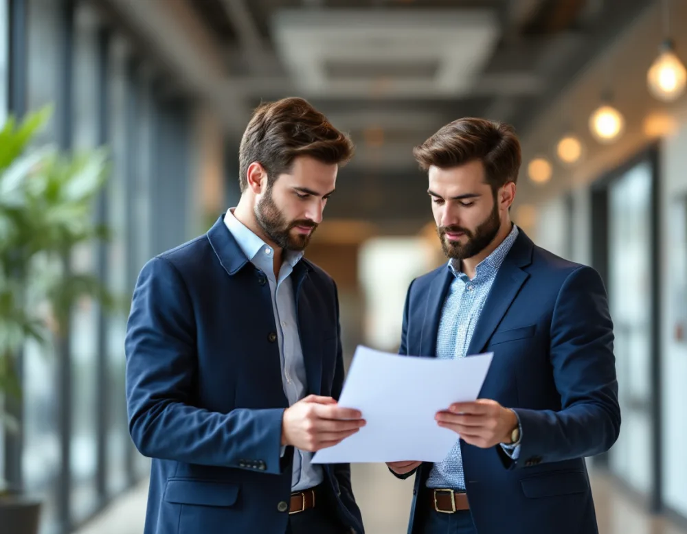 Two IT consultants reviewing an Office 365 migration assessment in a Houston office
