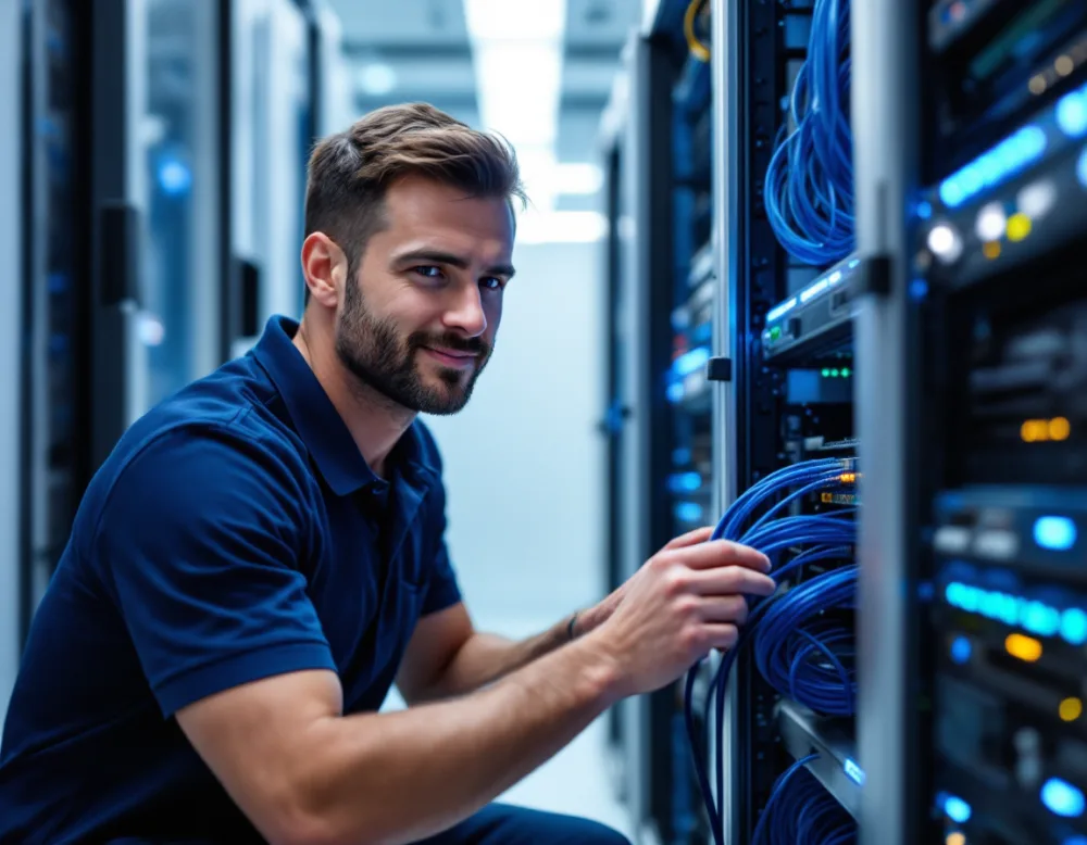 Technician auditing a legacy file server rack before an Office 365 migration in Houston