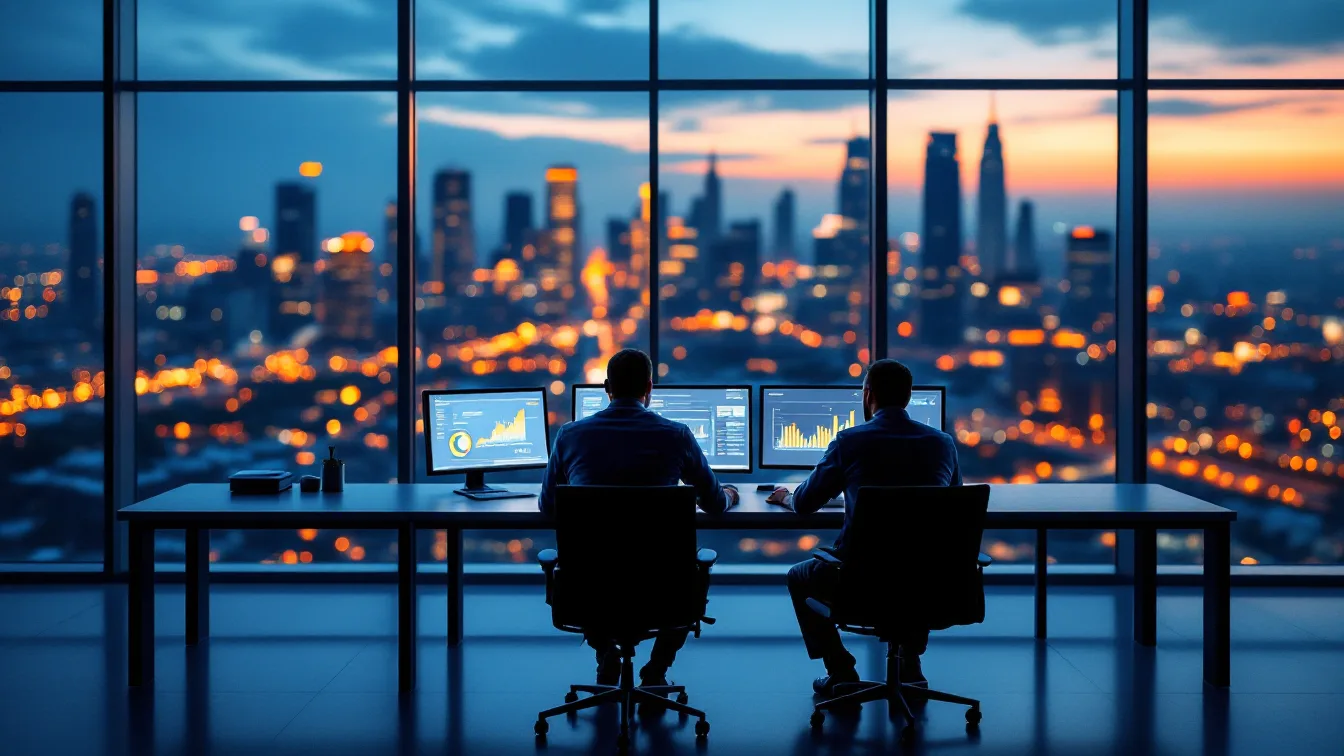 Two engineers seen from behind reviewing production charts on monitors in a high-rise operations office at dusk, with a city skyline lit up beyond the windows