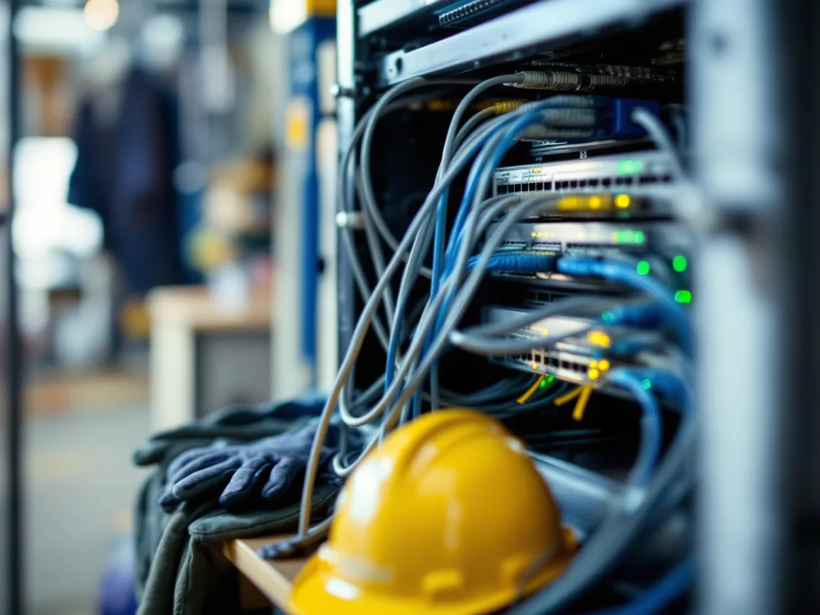 Open network cabinet with blue and grey ethernet cables and green status lights in an oilfield office, a yellow hard hat and work gloves resting beside it