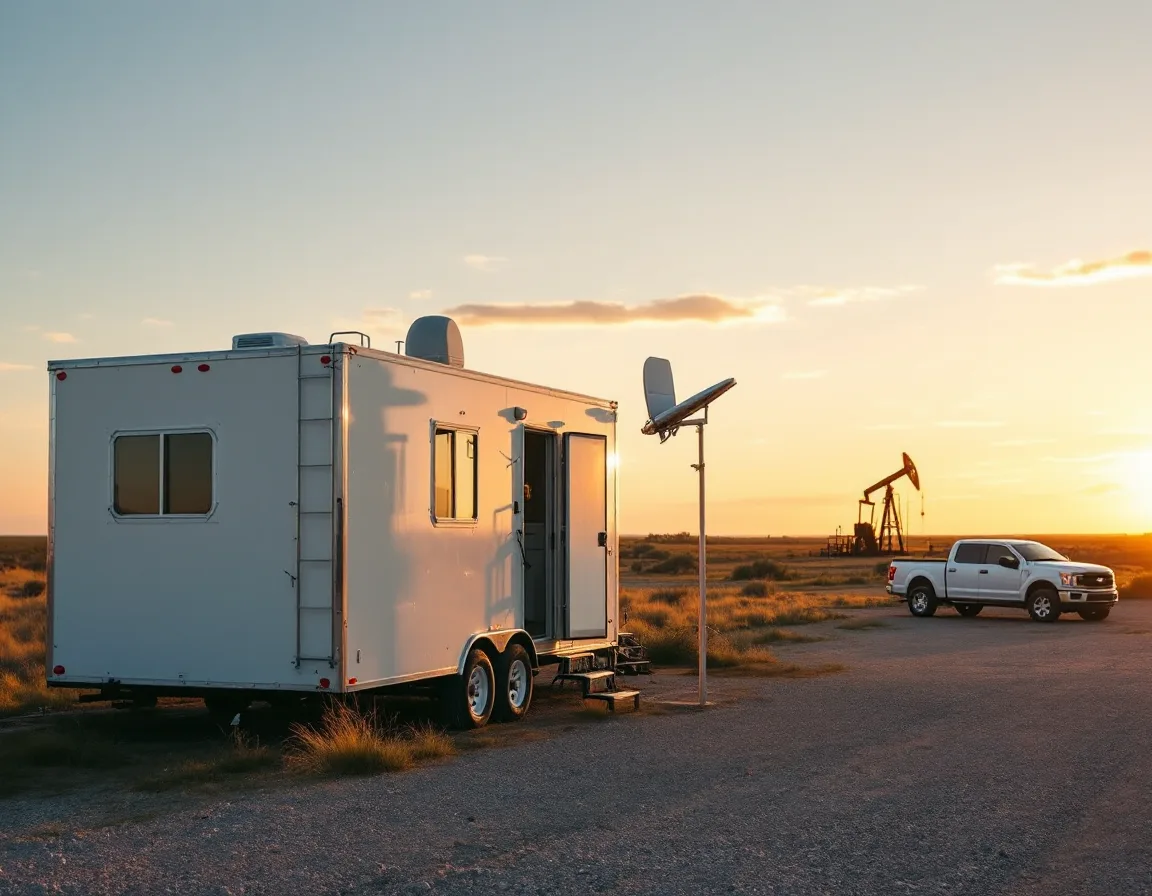 Portable field office trailer with a satellite internet dish on a pole at an oil field yard at sunrise, a pumpjack in the distance