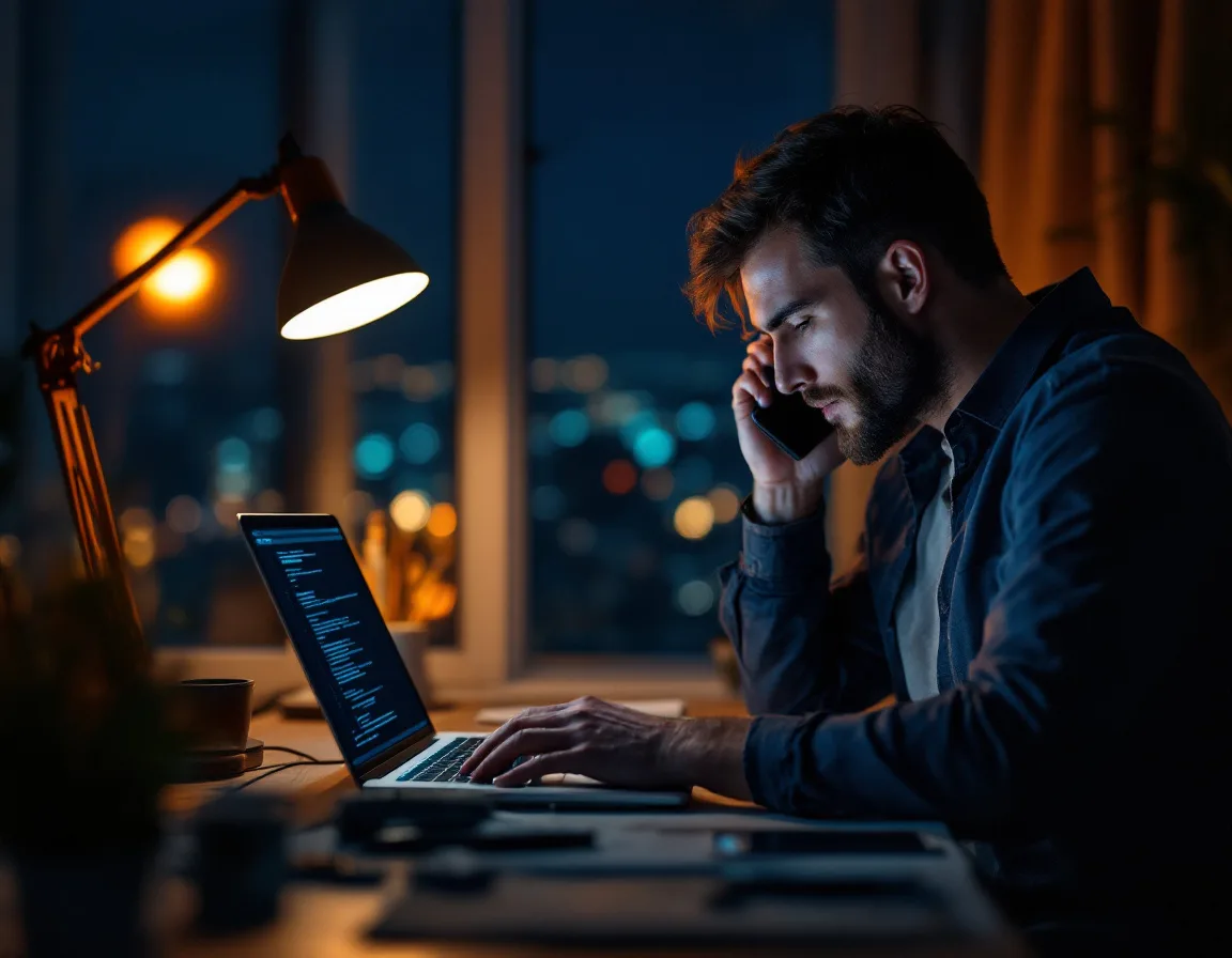 On call IT engineer taking a Severity 1 escalation call at a home desk after midnight with a laptop terminal open