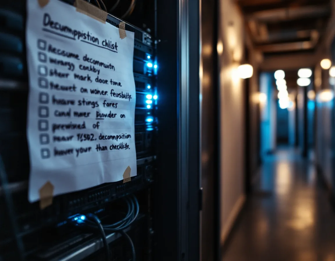 Aging on premises server rack still powered on during a parallel run with a paper decommission checklist taped to the rack door