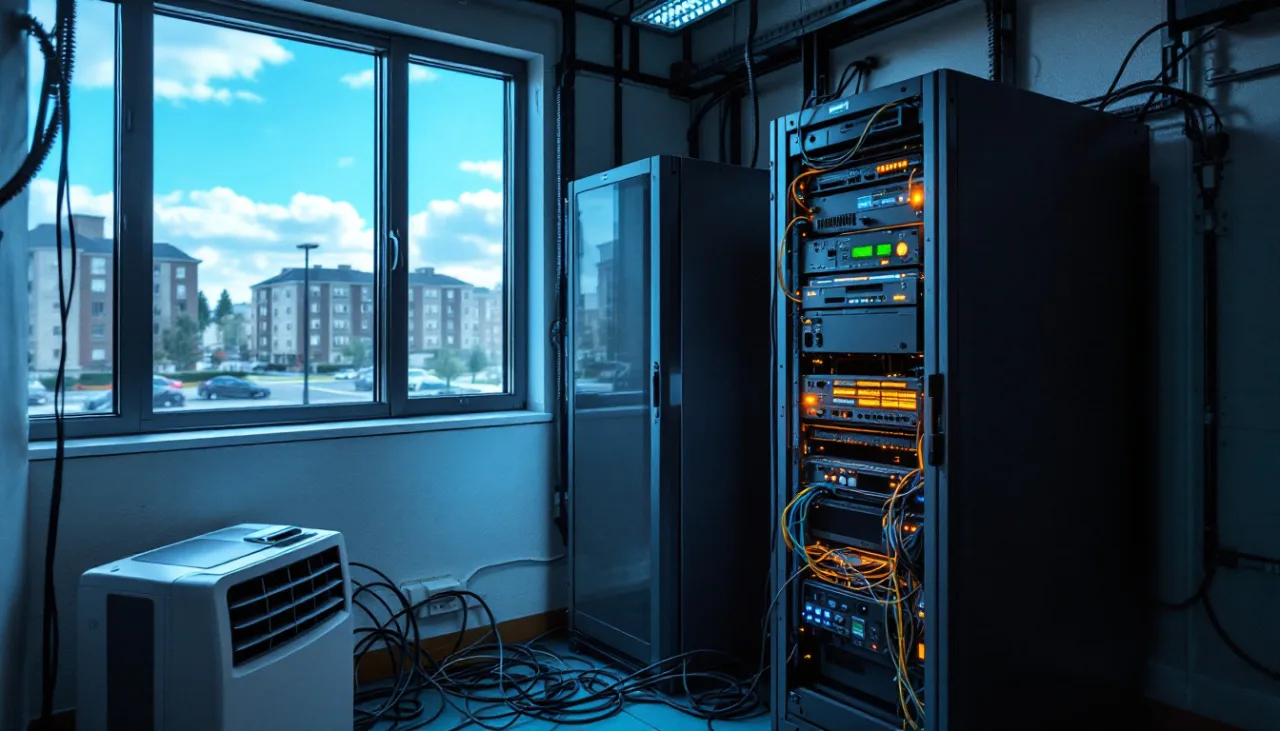 Cramped on premises server room in an office building with tangled cabling and a portable air conditioner