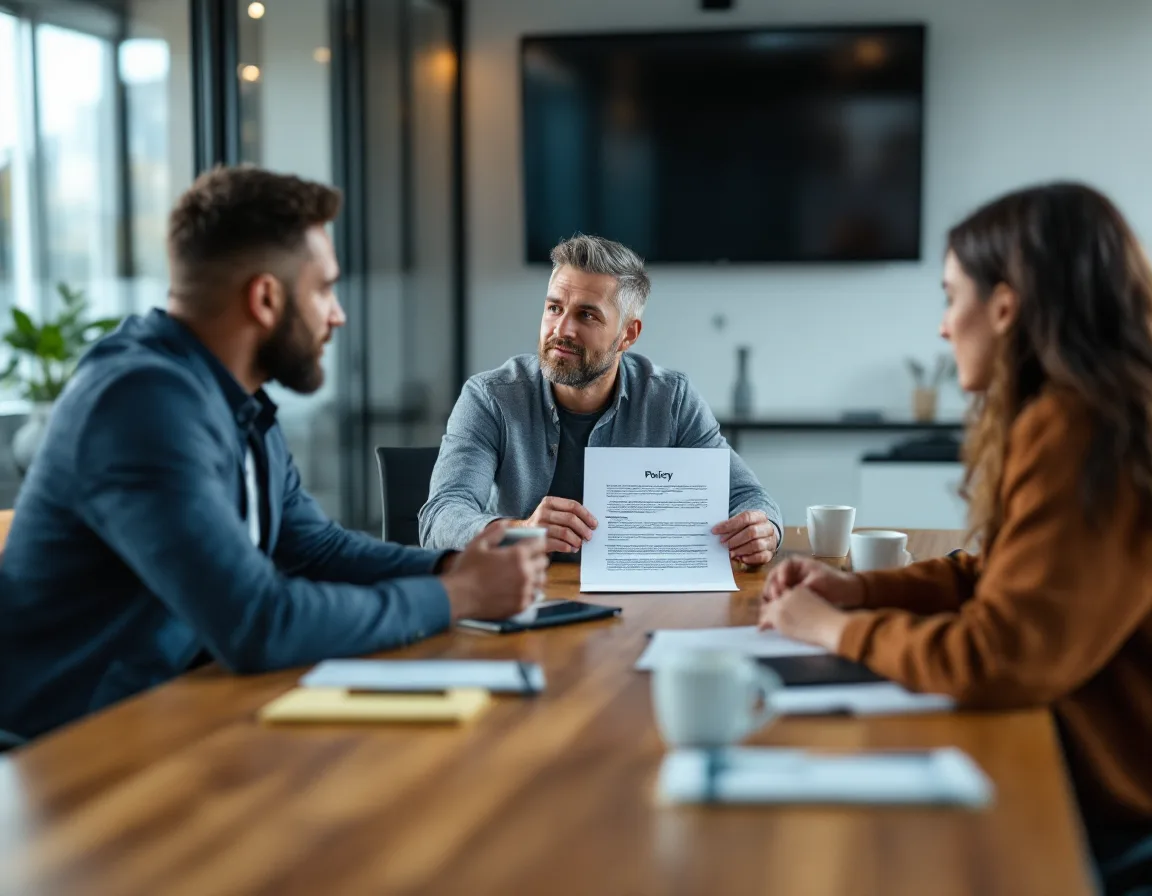Leadership team in a Texas conference room reviewing a single page AI acceptable use policy before issuing it to staff