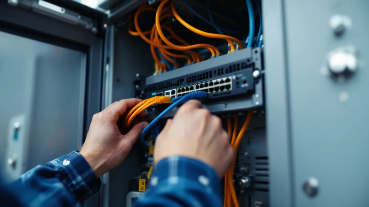 Engineer patching network cables in a field enclosure to separate business and control networks at a Texas energy site