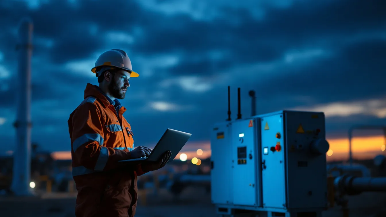 Field technician checking a laptop beside a compressor station control cabinet with cellular antennas at dusk in West Texas