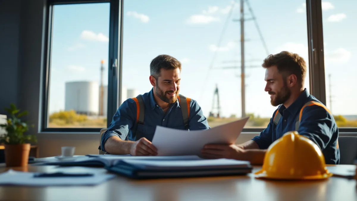 Oilfield operations manager and IT engineer reviewing manual operating procedures with storage tanks outside the window